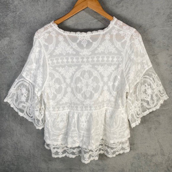 Democracy White Lace Tiered Bell Sleeve Peasant Top Blouse Shirt Size S Boho - Picture 3 of 7